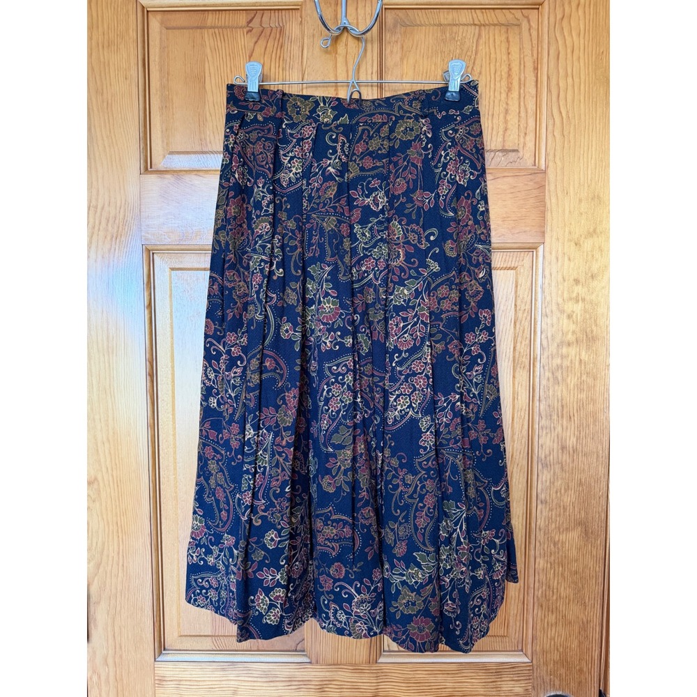 Vintage Sag Harbor Petite Navy Floral Paisley Pleated Midi Skirt Small